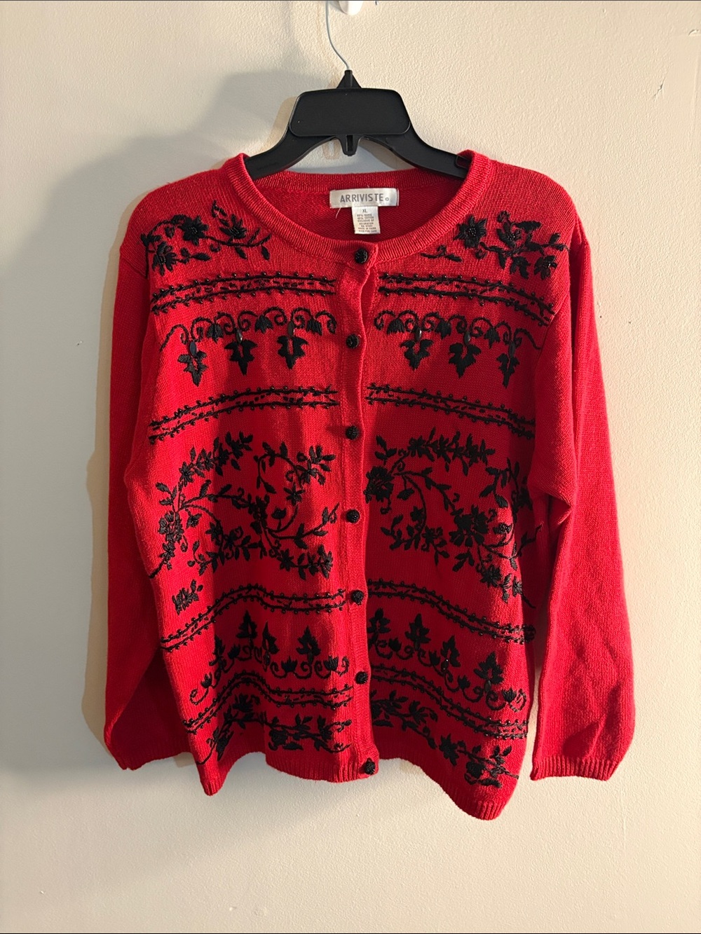 Arriviste Vintage Red Button-Front Cardigan with Black Floral Embroidery